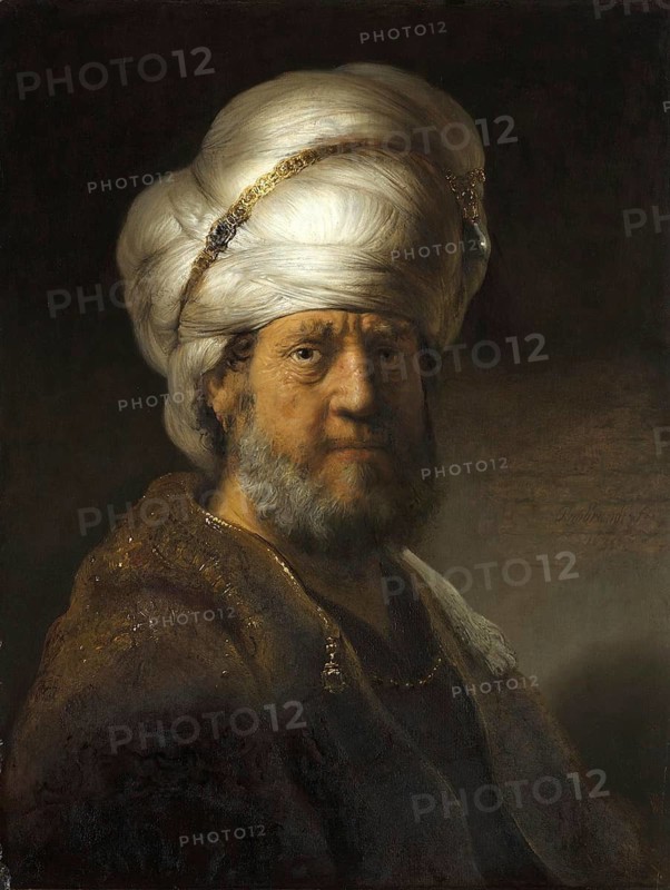 Man in Oriental Dress, painting by Rembrandt van Rijn (1606) (1669), Historic, digitally enhanced reproduction of an original from the period