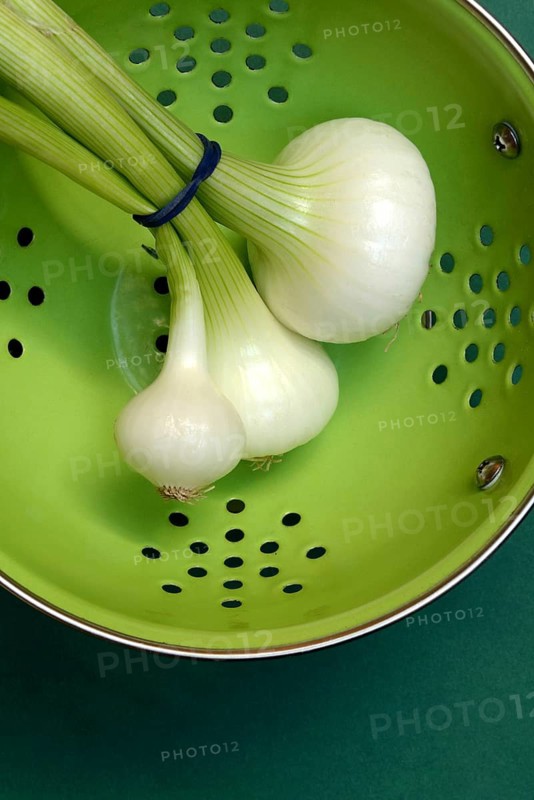 Onion, spring onions in sieve pot