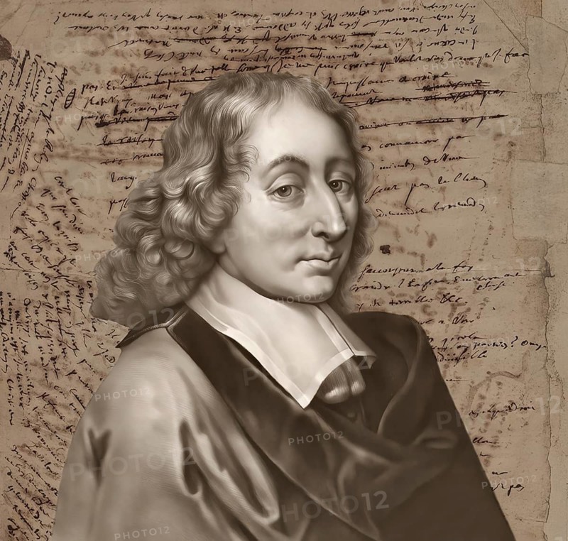Portrait of Blaise Pascal with his handwritten manuscript, Pensées de Pascal, thoughts on religion, 1670