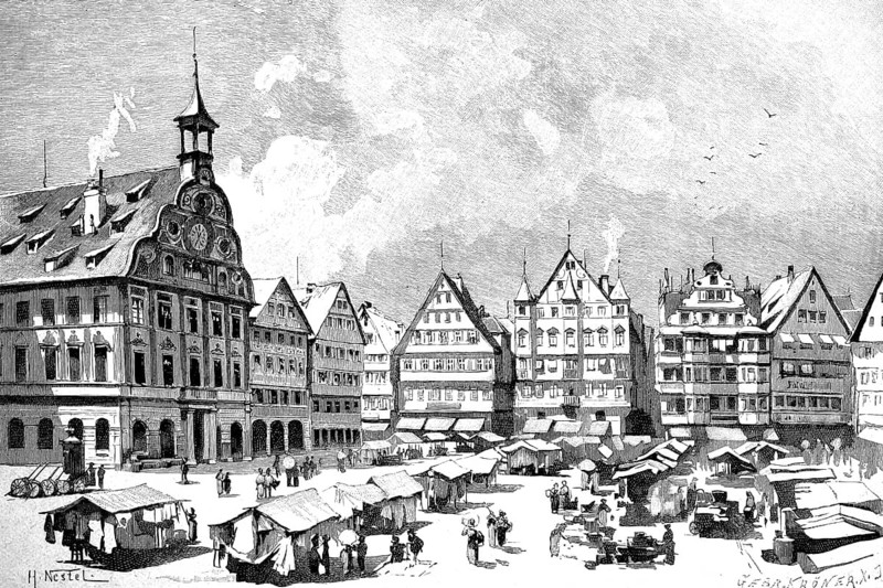 Stuttgart Town Hall and Market Square, 1890, Baden-Württemberg, Germany, illustration, reproduction from a model from the 19th century. Authentic, file restored for optimal use, exact date of submission unknown, historical