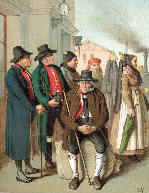 Traditional costumes in Germany around 1820, Bavaria, people in traditional costumes gather in an urban setting with smoke in the background, digitally retouched reproduction of an original from around 1850, by Albert Kretschmer (27 February 1825, 11 July 1891), German painter and costumier
