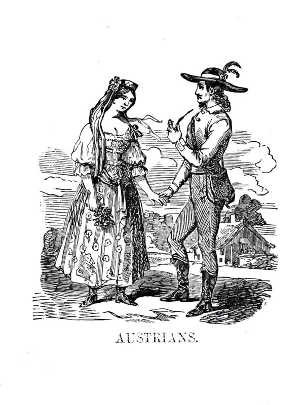 Fashion in Europe around 1850, Traditional traditional costume, Noble peasants from Austria, Wood engraving, Reproduction from a model from ca 1888, Historical