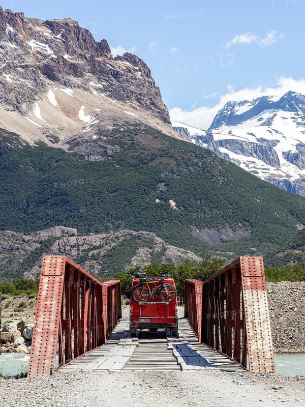4x4 Campervan, Bridge over Rio Blanco, Mount Fitz Roy, El Chaltén, Santa Cruz Province, Argentina