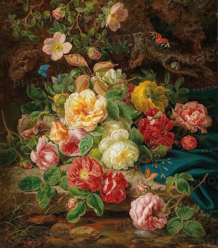 Lush flower arrangement with roses in various colours, framed by butterflies against a dark background by a stream in the forest, painting by Josef Lauer (1818, 1881), Austrian still life painter who was active in the Biedermeier period, among others