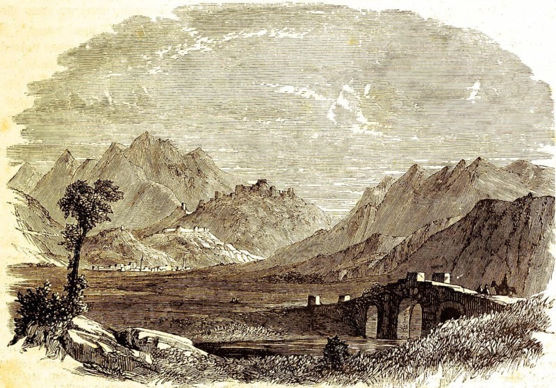 Bergama, ancient Pergamum, the revelation of the Apostle John, chapter 2, verse 12, New Testament, mountain landscape, bridge, plain, Bible, historical illustration 1850