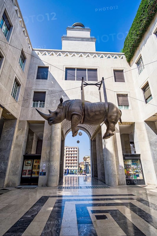 Hanging sculpture of a rhinoceros, Brescia, Lombardy, Italy