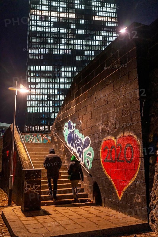 Stairs from the banks of the Main, Weseler Werft to Eyssenstraße at the building of the European Central Bank, ECB, graffiti with heart in Frankfurt am Main, illuminated windows, offices, Hesse, Germany