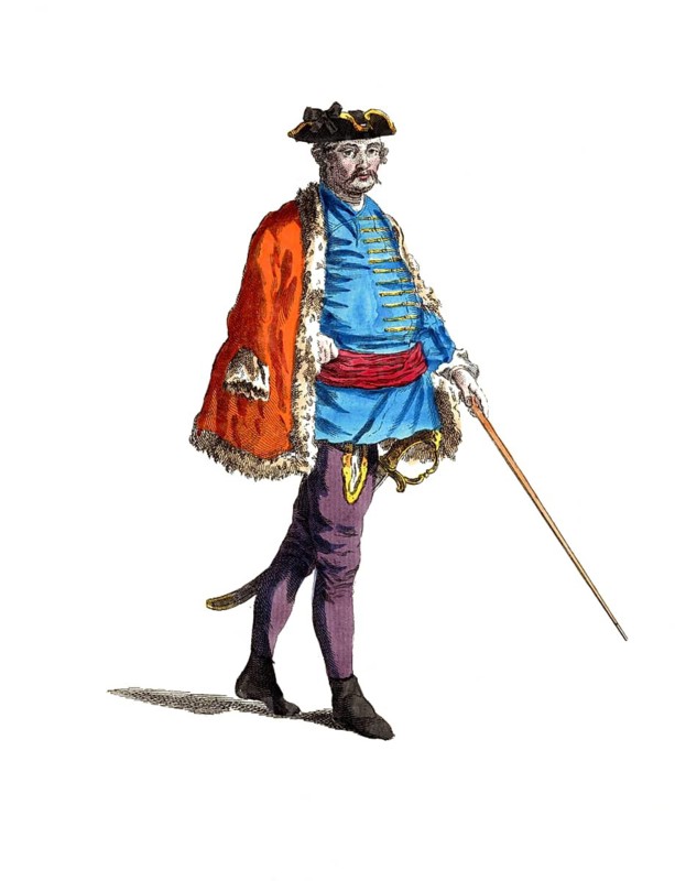 Historical clothing, fashion over time, clothing of a colonel of the pandurs and captain of the guard in 1742, digitally restored reproduction of a model from the 18th/19th century, exact date unknown, nobleman in blue coat with top hat and cane, dressed in baroque style