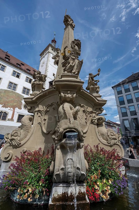 Four-tube fountain, baroque fountain of the 18th century, behind the town hall, Würzburg, Lower Franconia, Bavaria, Germany