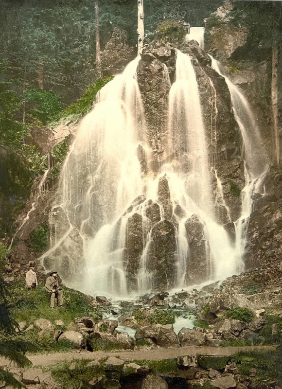 Waterfall Radaufall in Bad Harzburg in the Harz Mountains, Lower Saxony, Germany, c. 1900, Historic, digitally restored reproduction of a photochromic print from the period