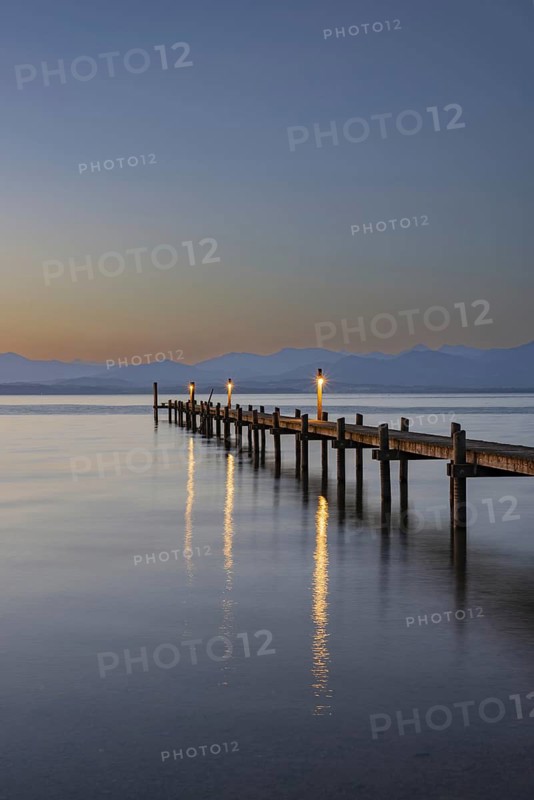 Sunrise, footbridge at Malerwinkel, Chiemsee, Chiemgau, Bavaria, Germany
