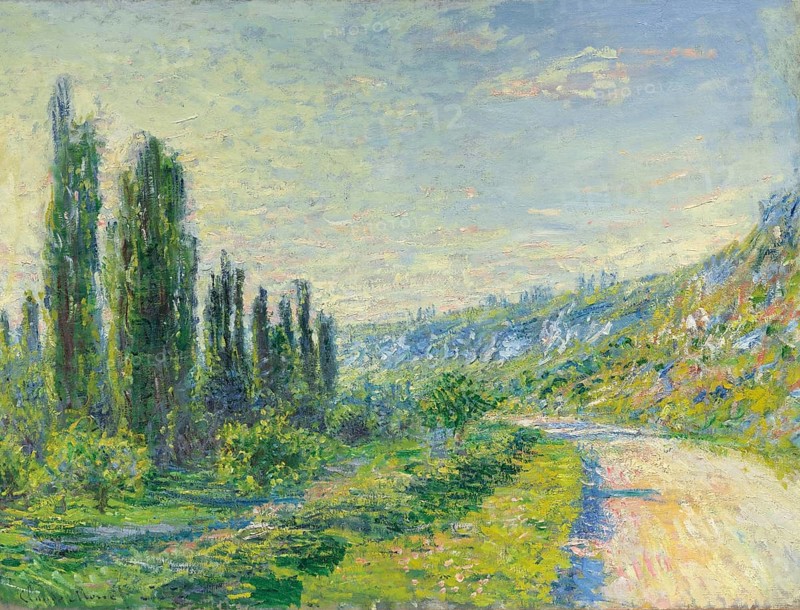 Claude Monet (b. 14 November 1840 in Paris as Oscar-Claude Monet, d. 5 December 1926), important French painter, Impressionist style. Here is his work, The Road to Vetheuil, A winding road leads through an idyllic landscape with cypresses in the background