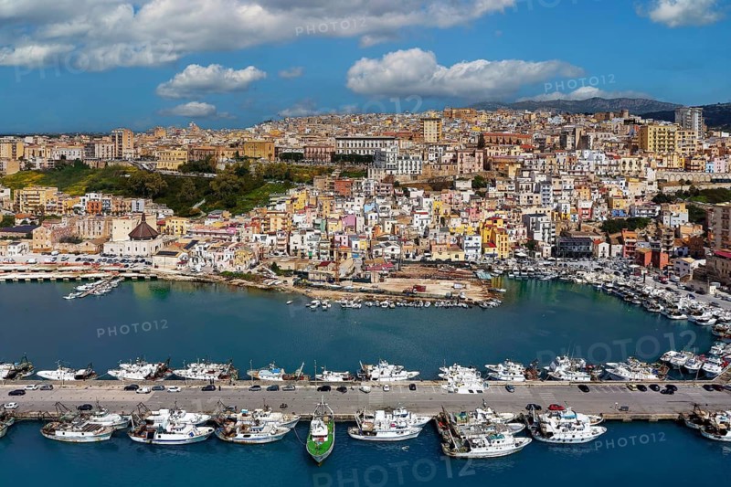 Aerial view, front harbor, fishing port, fishing boats, ships, back Sciacca, picturesque, port town, thermal spa, Agrigento Free Community Consortium, Sicily region, Italy, Mediterranean