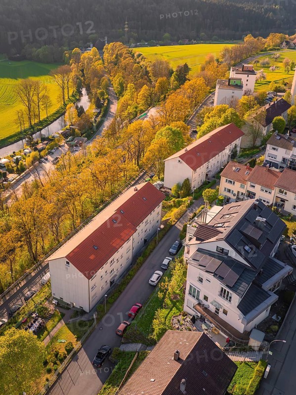 Residential street on the edge of a rural area with neighbouring fields and villas, Nagold, district of Calw, Germany
