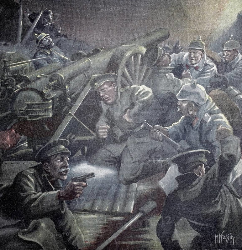 1st World War, Conquest of an English heavy gun near Ypres by German Landwehr (original picture text from 1915, original colouring), Illustration, Reproduction from a 19th century original. Authentic, file restored for optimal use, exact date of original unknown, historical, soldiers fighting a cannon in a warlike atmosphere