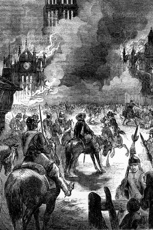 The Great Fire of London raged from Sunday 2 September to Wednesday 5 September 1666 in the central parts of the English City of London. It destroyed 13, 200 houses, 87 parish churches and St Paul's Cathedral, England, digital reproduction of a historical model