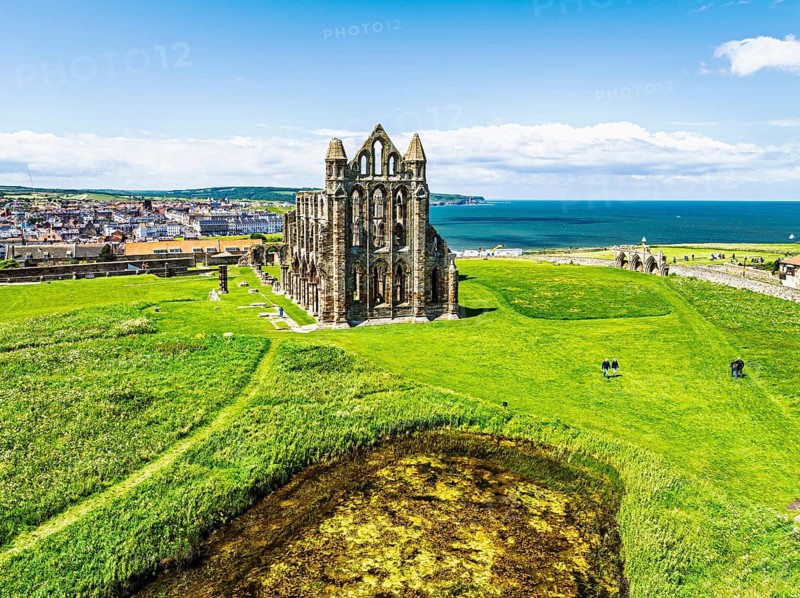 Whitby Abbey over River Esk from a drone, North Yorkshire, England, United Kingdom