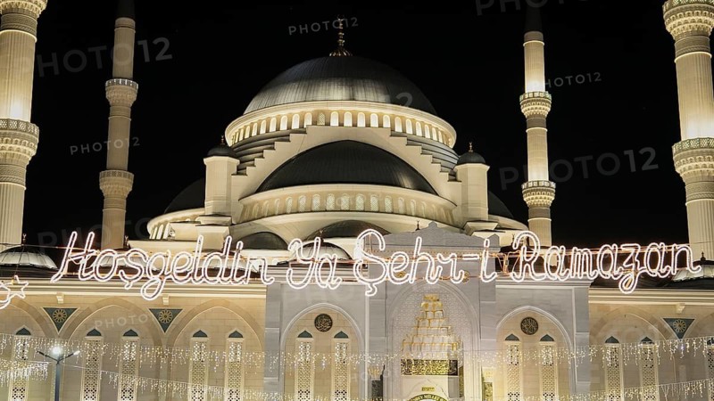 Muslims perform Tarawih prayers at the Millet Mosque, the second largest mosque in Turkey, which is beautifully decorated with festive Ramadan lights amidst a spiritual atmosphere in Gaziantep, Turkey on March 11, 2026, Gaziantep, Turkey