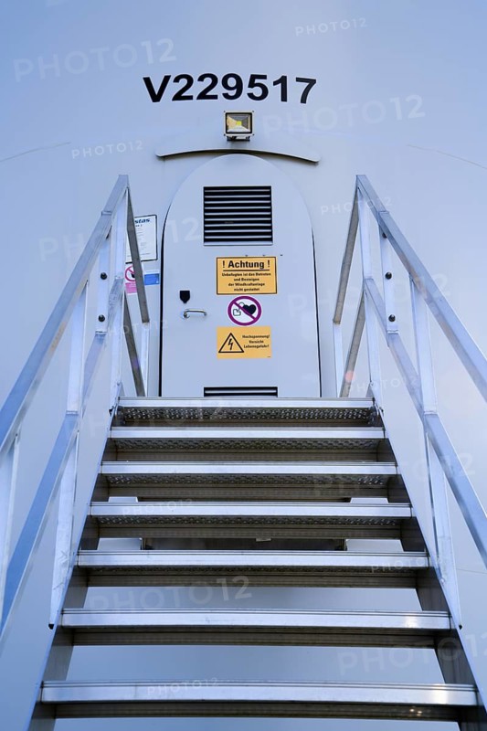 Entrance of a wind power plant by Vestas, wind farm in North Hesse, Eberschütz, Muddenhagen, Weser Uplands, Weserbergland, Hesse, Germany