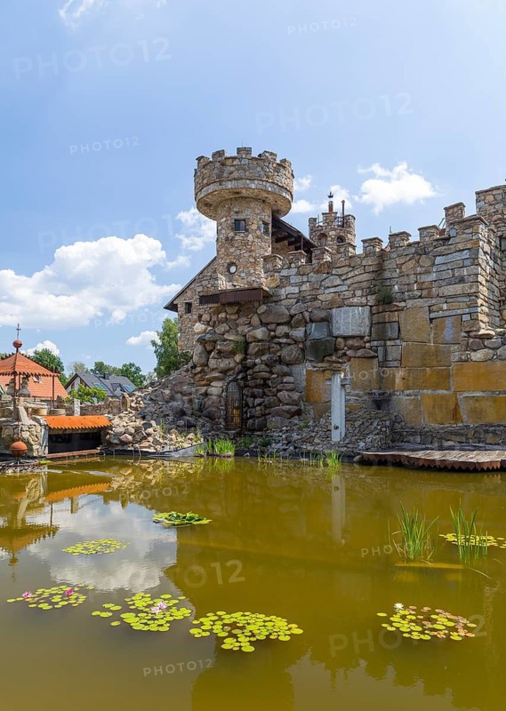 Newly built castle in the style of a Slavic castle, Jakubzburg in Mortka, Lohsa, Saxony, Germany