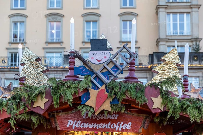 Detailed decoration on the stalls of the Striezelmarkt Christmas market, Dresden, Saxony, Germany