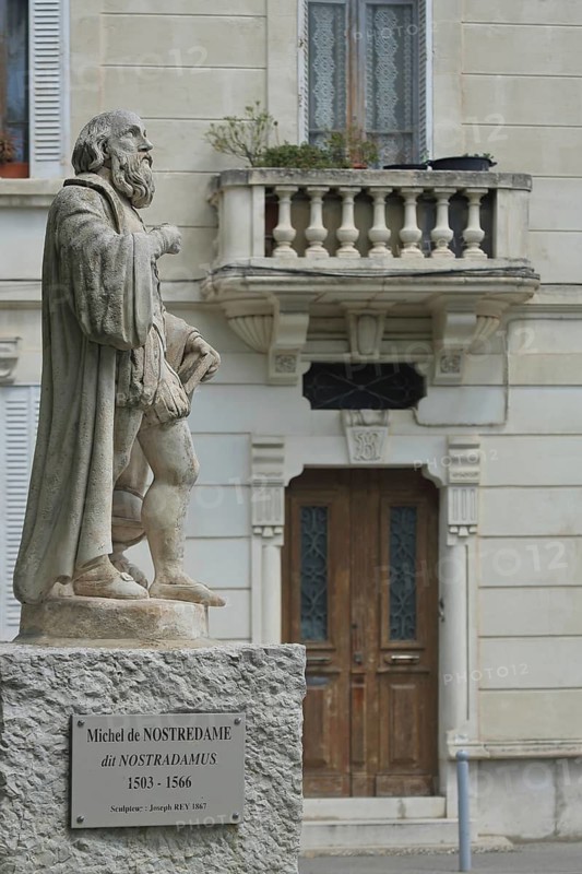 Monument to Michel de Nostradamus, stone sculpture with inscription, Salon-de-Provence, Bouches-du-Rhône, Provence, France