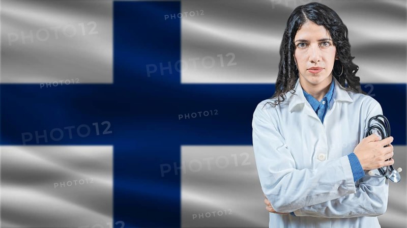 Finnish national health system, Medical professional on Finland flag background