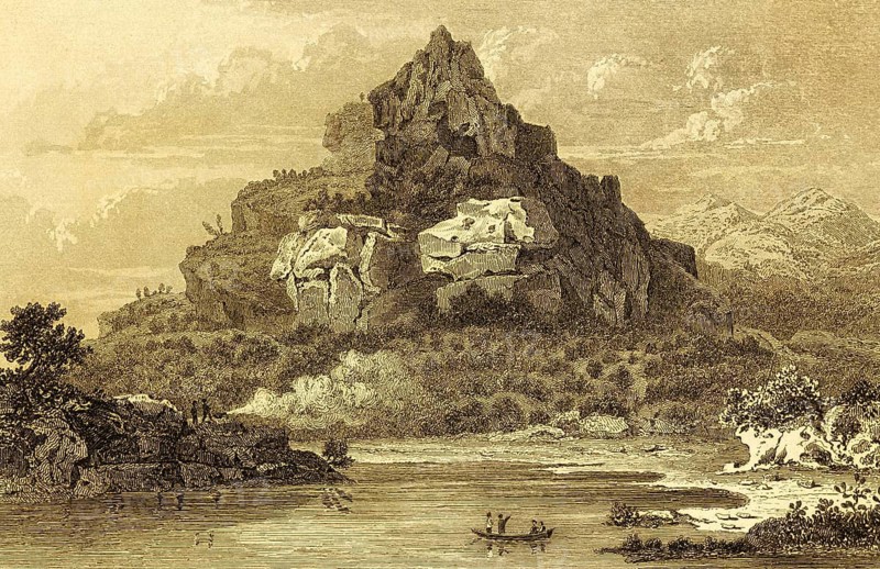 Picturesque Lake Killarney, lake in Ireland, County Kerry, rowing boat, pointed mountain, rocks, idyllic natural landscape, peace, steel engraving, historical illustration 1842