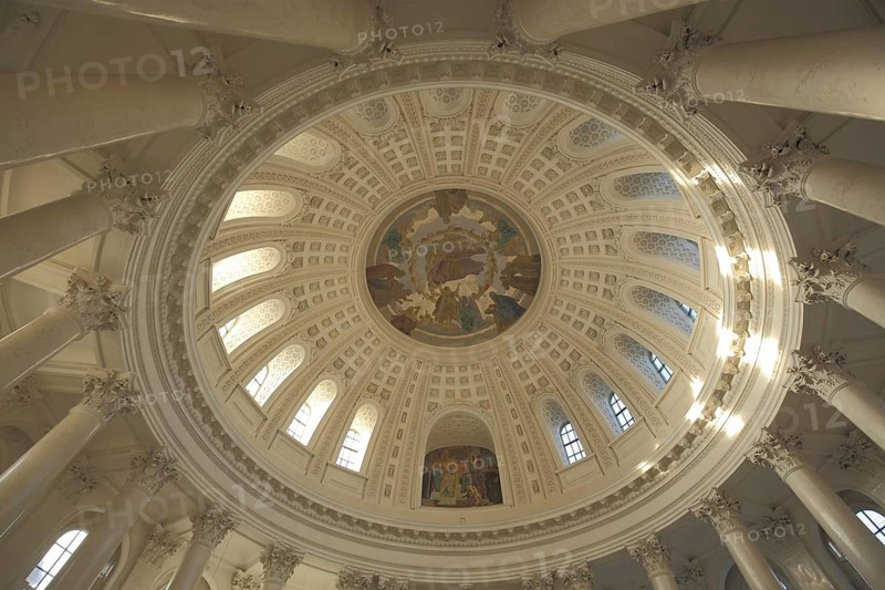 Dome with ceiling painting in early classical cathedral, round fresco, columns, interior view, looking up, handicrafts, St. Blasien, southern Black Forest, Black Forest, Baden-Württemberg, Germany