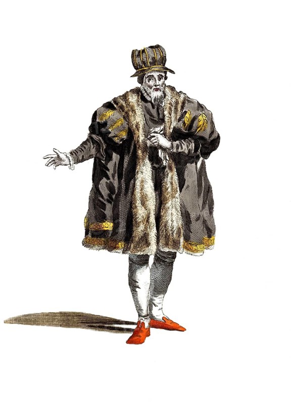Historical clothing, fashion over time, clothing of a Leipzig senator in 1577, Germany, digitally restored reproduction of an 18th/19th century model, exact date unknown, man in historical costume with fur coat and cap on white background