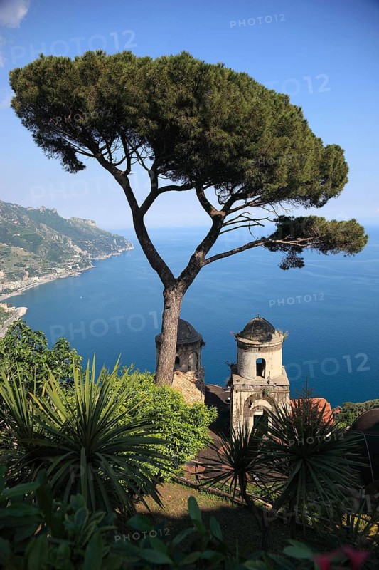View from Villa Rufolo of the Gulf of Salerno and the towers of the Church of Chiese dell Annunziata, Campania, Italy