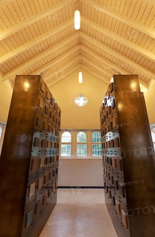 Modern columbarium in the old mourning hall, interior with urn chambers, Cologne Melaten Cemetery, Cologne, North Rhine-Westphalia, Germany