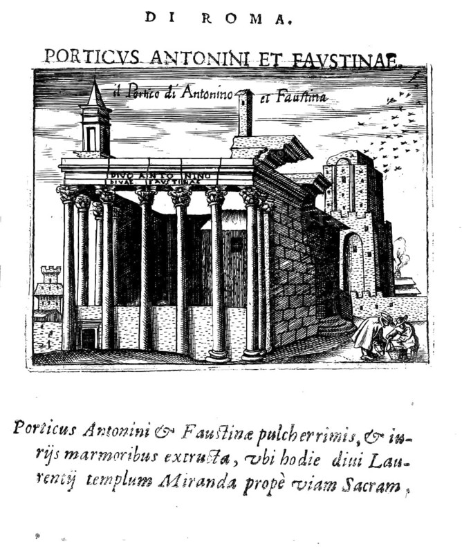Il tempio di Antonino, et Faustina, Temple of Antoninus Pius and Faustina, Rome, Italy, Historical, digitally enhanced reproduction from Grandezze della citta di Roma antiche et moderne by Jacomo Crulli de Marcucci, from 1630
