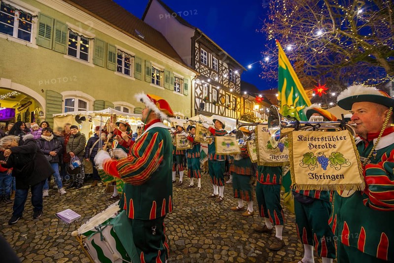 Medieval Christmas market, blue hour, Burkheim, Vogtsburg, Kaiserstuhl, Baden-Württemberg, Germany