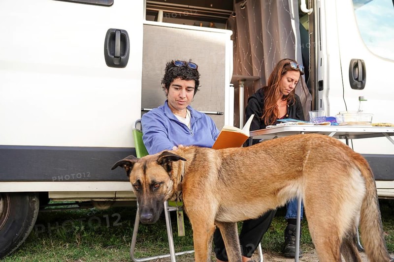 A lesbian couple relaxes outside their motorhome, enjoying a peaceful camping trip with their dog They are engaged in reading and sharing a moment of connection