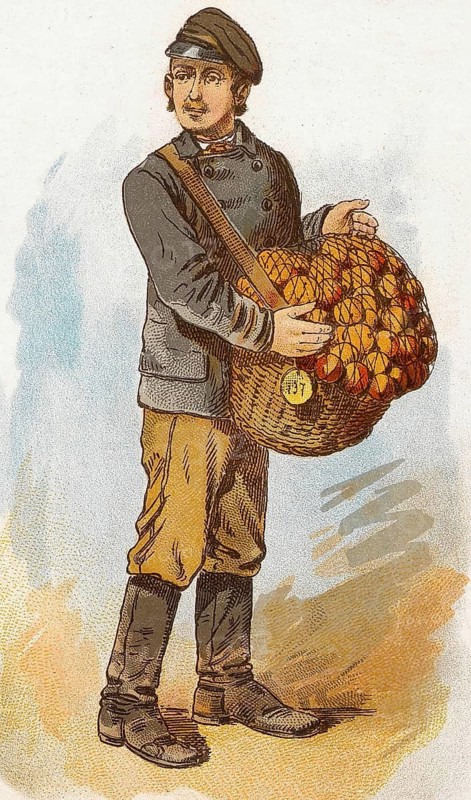 Viennese types by Ladislav Eugen Petrovits (1839, 1907), painter from Austria. Orange seller, A man in work clothes with a basket full of oranges