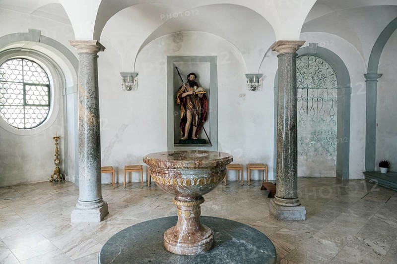 Baptistery, parish church, baroque basilica of St. Mang, interior view, Füssen, Ostallgäu, Allgäu, Bavaria, Germany