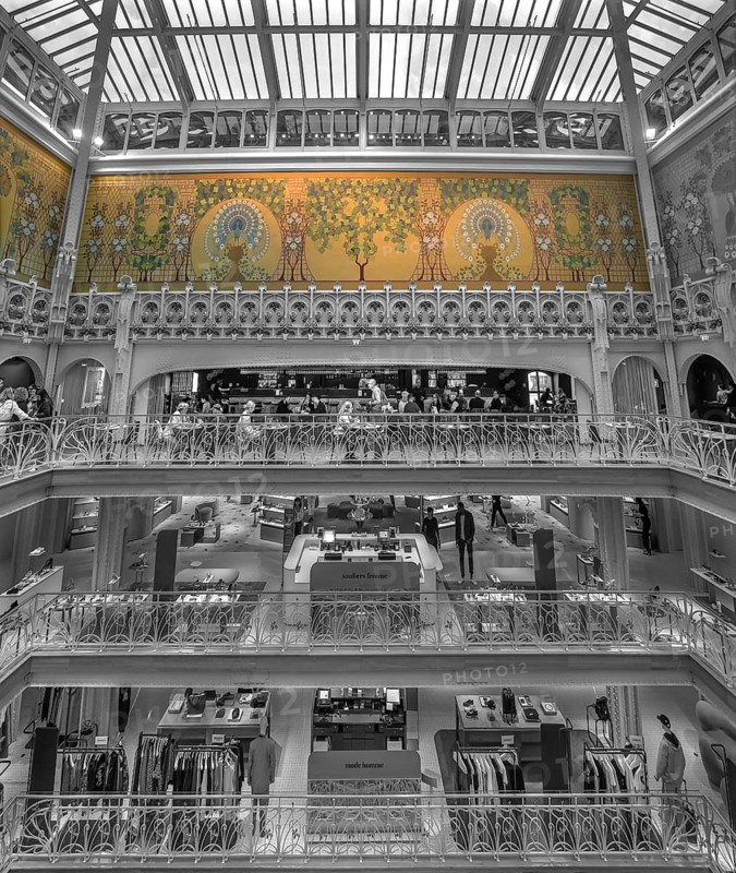 View of the shopping floors and restaurant of the exclusive La Samaritaine department store, black and white, Paris, France