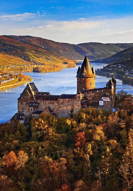 Stahleck Castle, hilltop castle overlooking the Rhine, Bacharach, UNESCO World Heritage Upper Middle Rhine Valley, autumn, Rhineland-Palatinate, Germany