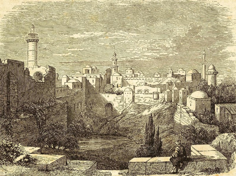 The pool of Bethesda, now Birke, in Jerusalem, chapter 5, verse 2, Gospel of John, New Testament, cityscape, wall, church towers, Bible, historical illustration 1850