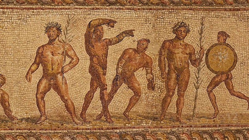 Ancient mosaic with various athletes, Patras Archaeological Museum, Patras, Peloponnese, Greece