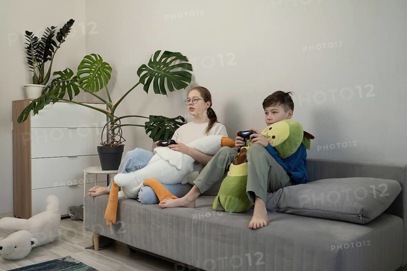 Two children sit on a gray couch, playing video games with controllers in hand. Plush toys rest on their laps, and green plants decorate the room, creating a cozy atmosphere