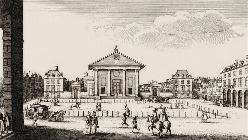 Square before the market hall, Covent Garden, London, after Hollar, 1647