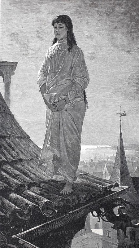 Sleepwalker or nightwalker, woman balancing on a roof, around 1880, Germany, digital reproduction of an original 19th century model, historical, A woman in a long robe stands on a roof with a view over an expansive cityscape