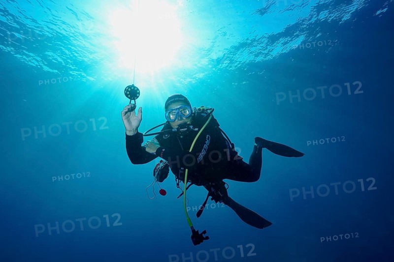 Diver poses underwater during safety stop with sunrays penetrating the surface, Giens Peninsula dive site, Mediterranean, Porquerolles, Provence, Côte d'Azur, France