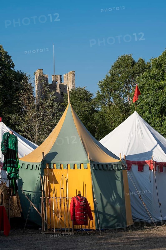 Colourful round tents, medieval market, medieval week, fortified defence tower, former Hanseatic city of Visby, UNESCO World Heritage Site, Gotland Island, Sweden