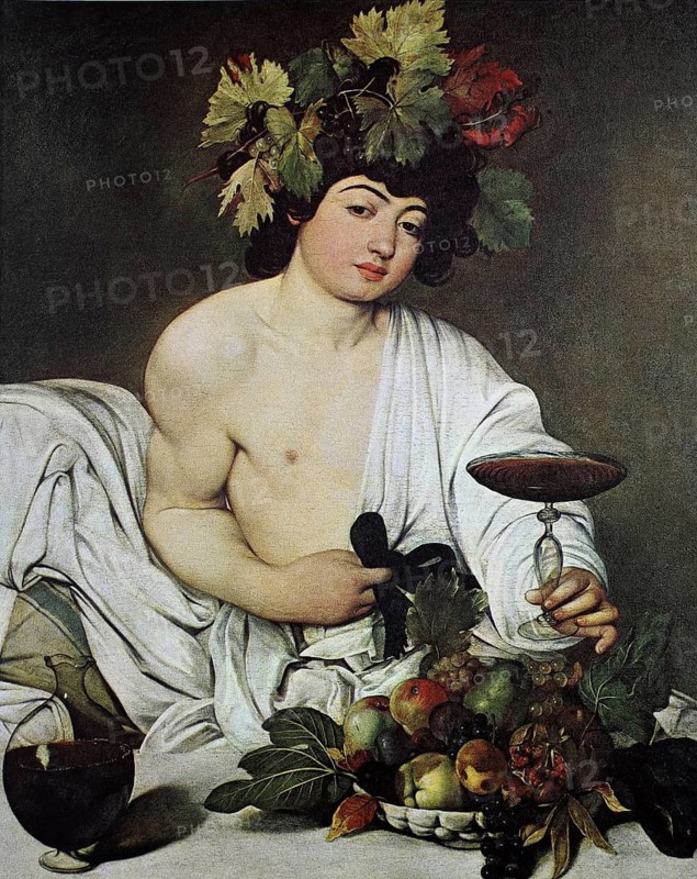 Bacchus, epithet of Dionysus, god of wine, intoxication, madness and ecstasy, in Greek mythology, painting by Michelangelo Merisi, Caravaggio (born 29 September 1571 in Milan, died 18 July 1610 in Porto Ercole on Monte Argentario), Italian painter of the early Baroque, digital reproduction of an original from the 19th century, historical, A man with a wreath of grapes and fruit, holding a wine glass in his hand