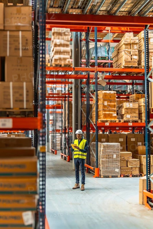Vertical full length photo of an african man in protective gear working in a warehouse using digital tablet