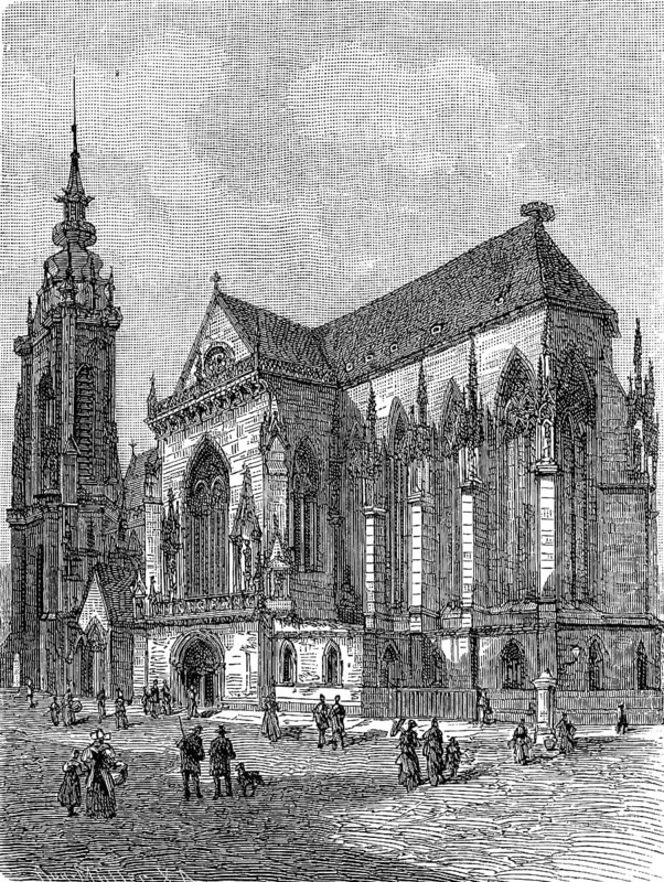 The cathedral of Colmar, Alsace, France, in 1880, Historical, digital reproduction of an original from the 19th century