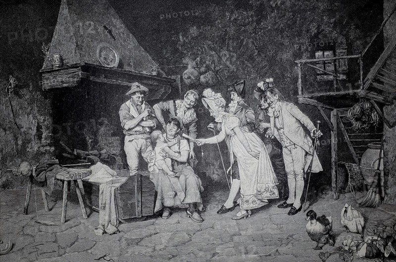 The pride of the house, the family visiting the newborn, distinguished people visiting the farmhouse parlour, based on a painting by Torrini, around 1890, illustration, reproduction from a 19th century model. Authentic, file restored for optimal use, exact date of original unknown, historical, rural scene in an interior where a family and a child are happily together